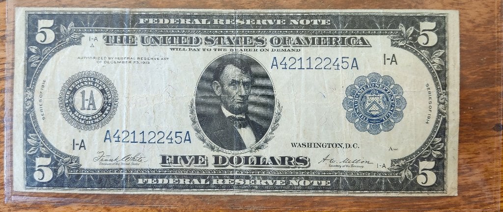 Bankbiljet USA 5 Dollar 1913, Postzegels en Munten, Verzenden, Noord-Amerika, Los biljet