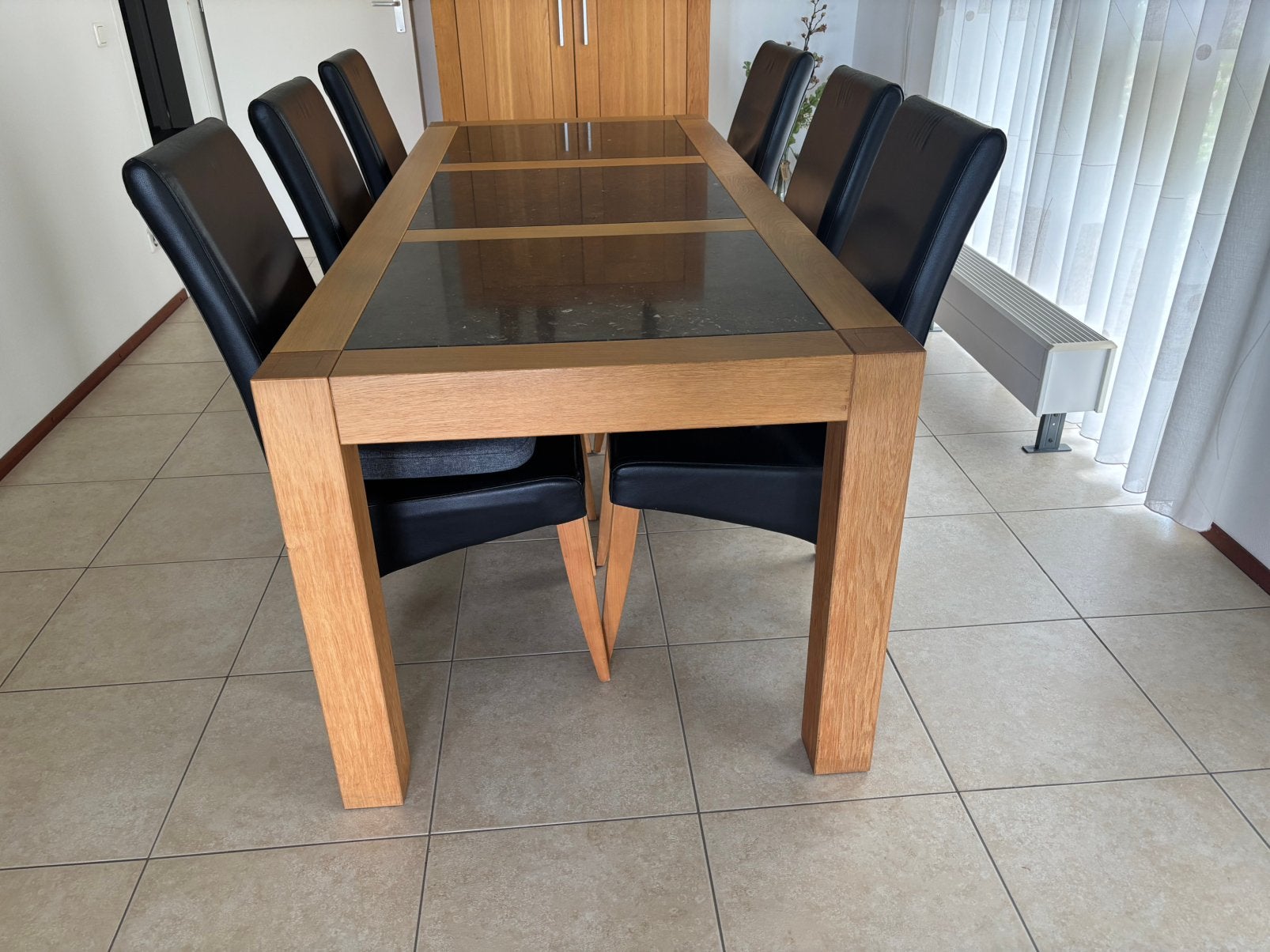 eetkamertafel met 6 bijpassende stoelen, Ophalen, Gebruikt, 200 cm of meer, 50 tot 100 cm