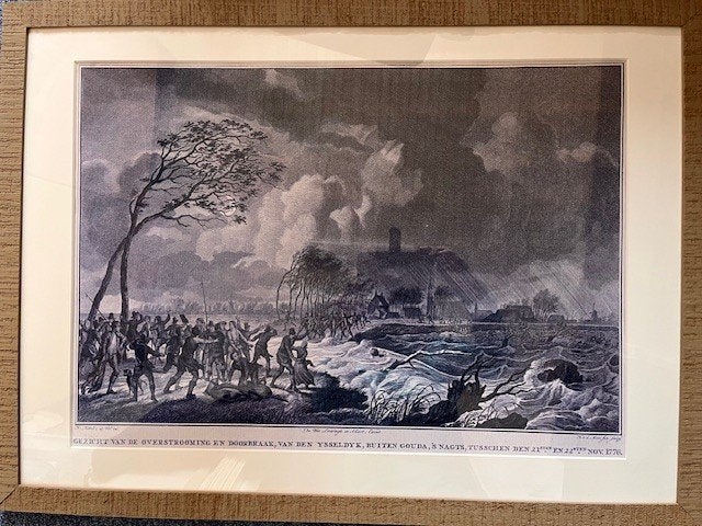 Historische prent overstroming Ysseldyk, Gouda (1775), Antiek en Kunst, Kunst | Schilderijen | Klassiek, Ophalen, Maritiem / water