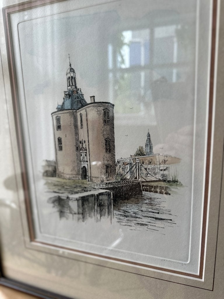 Oude ets / gravure van A. Wieringa, Drommedaris Enkhuizen, Antiek en Kunst, Kunst | Etsen en Gravures, Ophalen, 44 cm, 36 cm, Met passe-partout