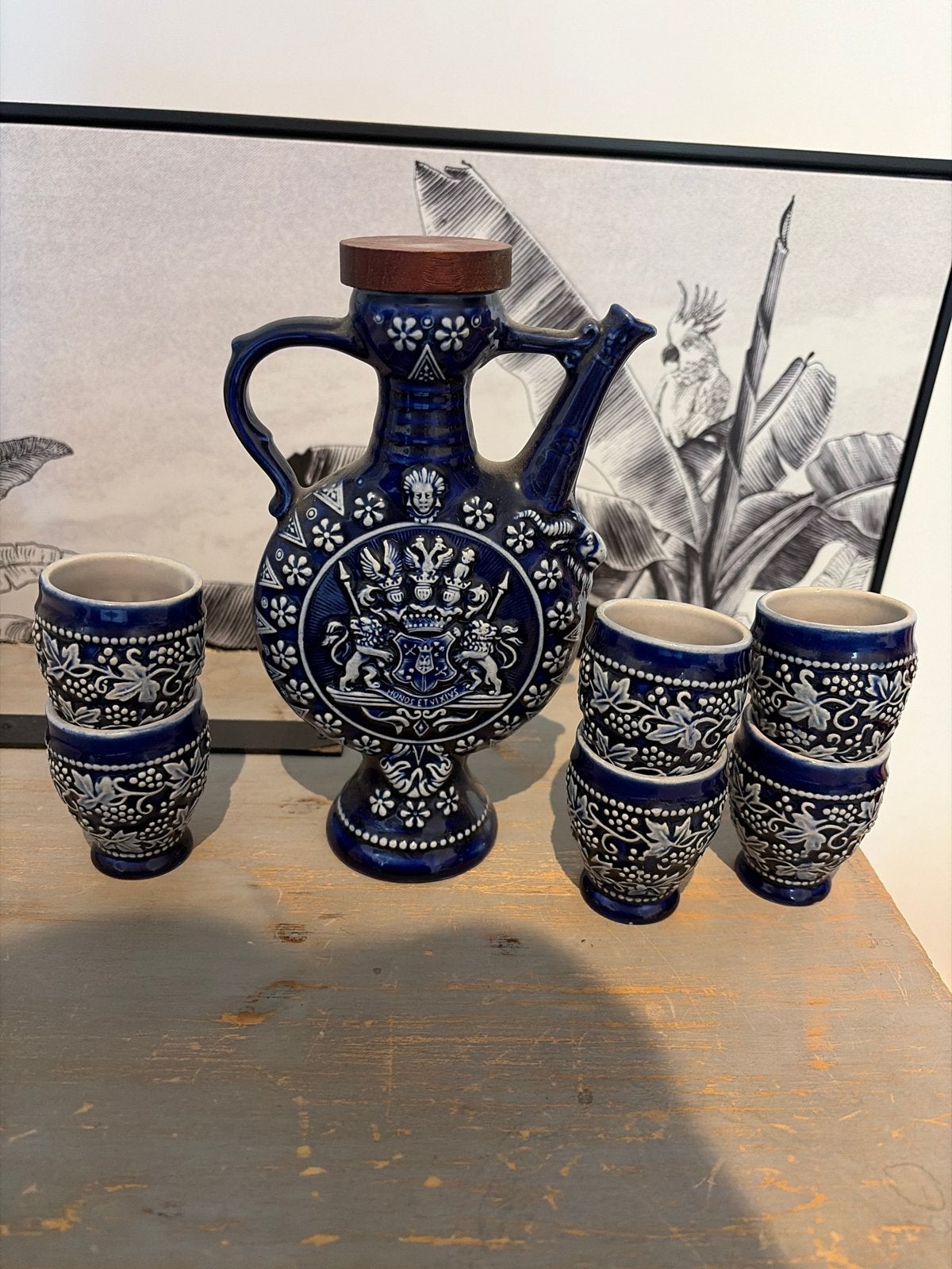 Vintage Kobaltblau Keramische Karaf met 6 Bekers, Ophalen of Verzenden