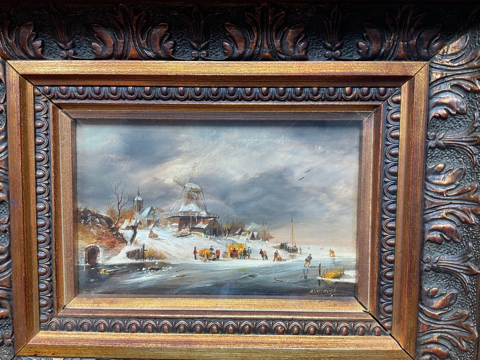 Oud Winterlandschap olieverf op paneel, Antiek en Kunst, Ophalen of Verzenden