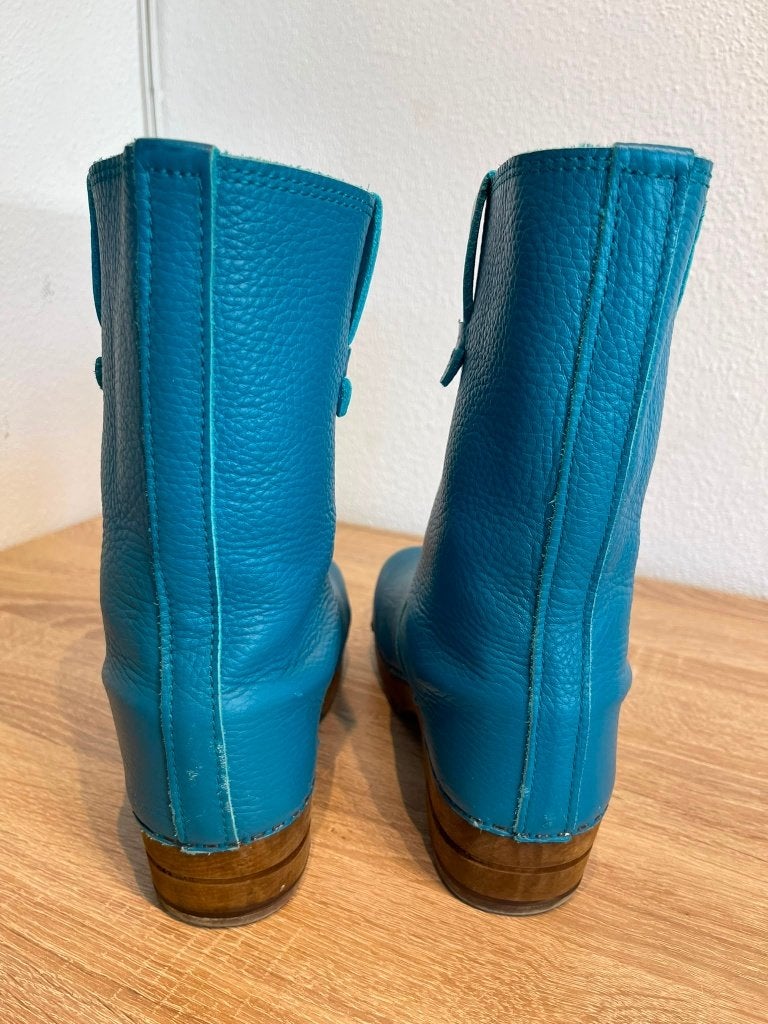 Sanita vintage clog boots leer laars maat 37 turquoise blauw, Blauw, Santia, Lage of Enkellaarzen, Ophalen of Verzenden