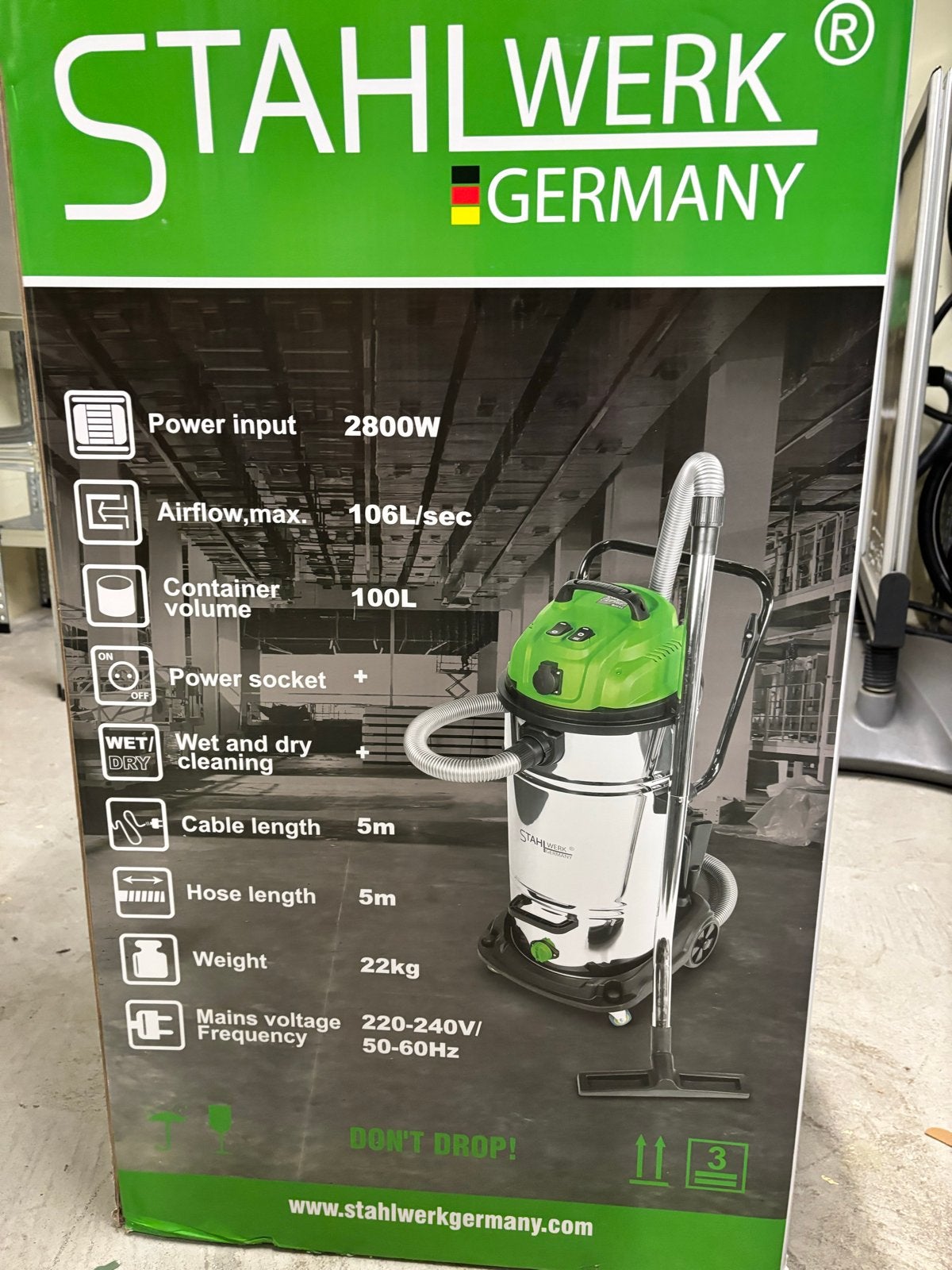 Stahlwerk Germany Nat- en Droogzuiger 2800W, 100L, Witgoed en Apparatuur, Stofzuigers, Ophalen, Overige merken, Nieuw, Industriële stofzuiger