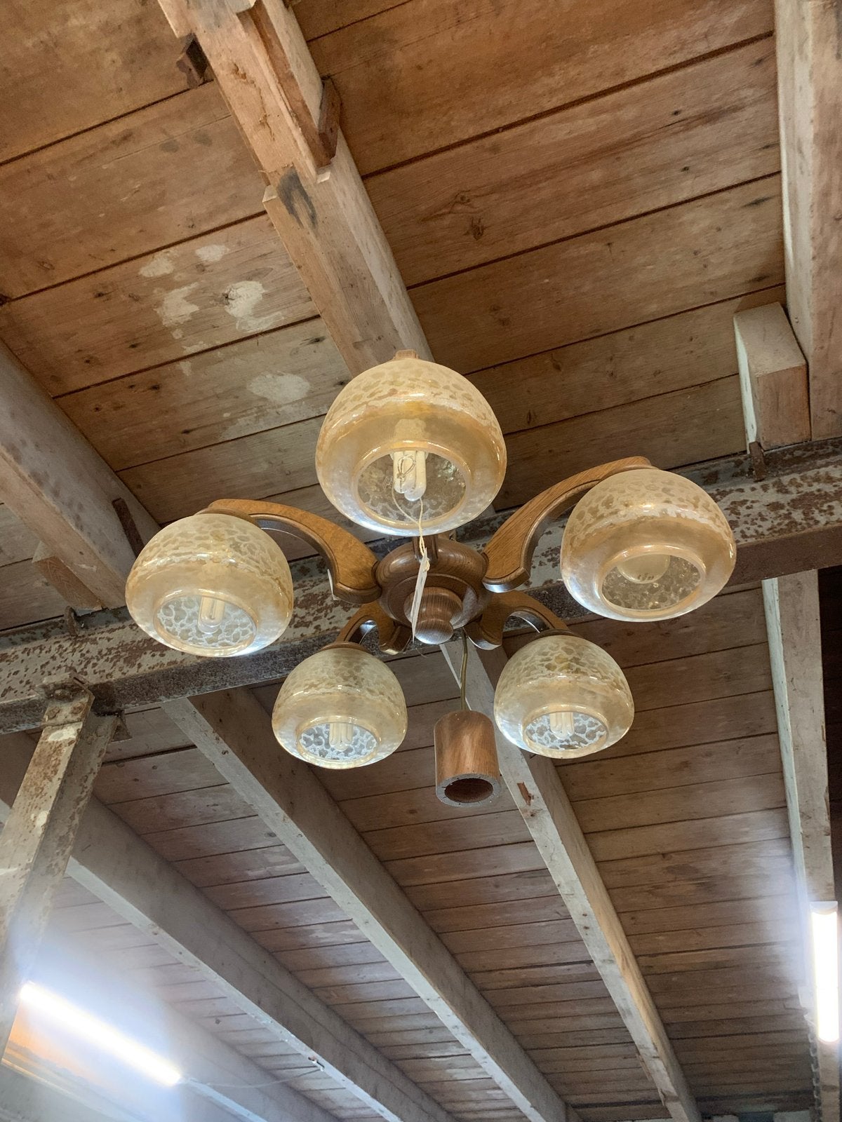 Vintage Hanglamp Kroonluchter Jaren '70 Hout Glas, Huis en Inrichting, Ophalen, Gebruikt, Vintage, BarrelAtelier