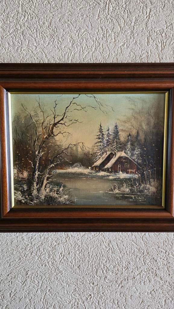 Schilderij R. Schell - Winterlandschap met huisjes, Antiek en Kunst, Ophalen of Verzenden