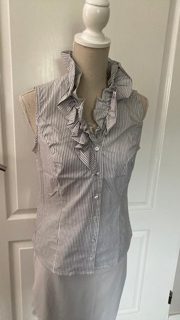 Blouse met roezel Grijs Wit gestreept Promiss Maat 40, Maat 38/40 (M), Promiss, Ophalen of Verzenden, Zo goed als nieuw