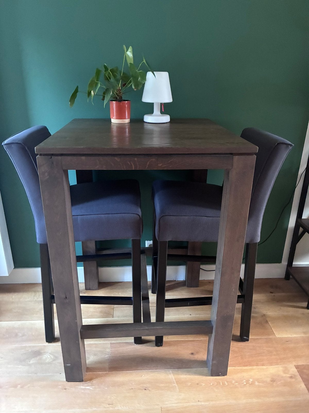 Massief houten eettafel/bartafel + 2 stoelen, 100 tot 150 cm, Vierkant, Tot twee personen, Zo goed als nieuw