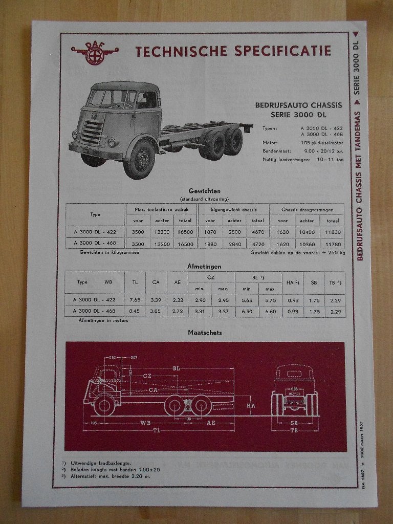 DAF 3000 DL Technische Specificatie folder 1957 Kikker, Ophalen of Verzenden, Zo goed als nieuw, Overige merken, DAF