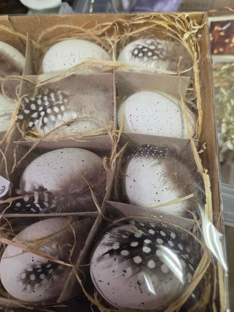 Kippeneieren met veer 12 stuks  voor decoratie, Ophalen of Verzenden, Meerdere media