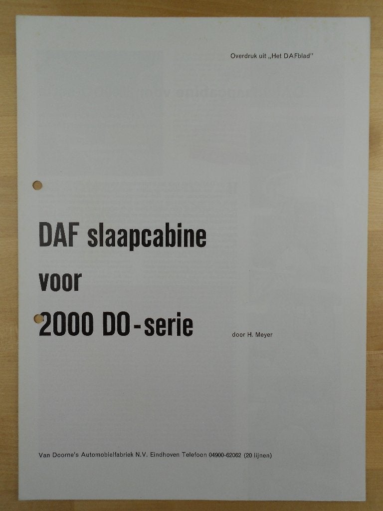 DAF 2000DO Slaapcabine Brochure 1961 2000 DO, Ophalen of Verzenden, Zo goed als nieuw, Overige merken, DAF