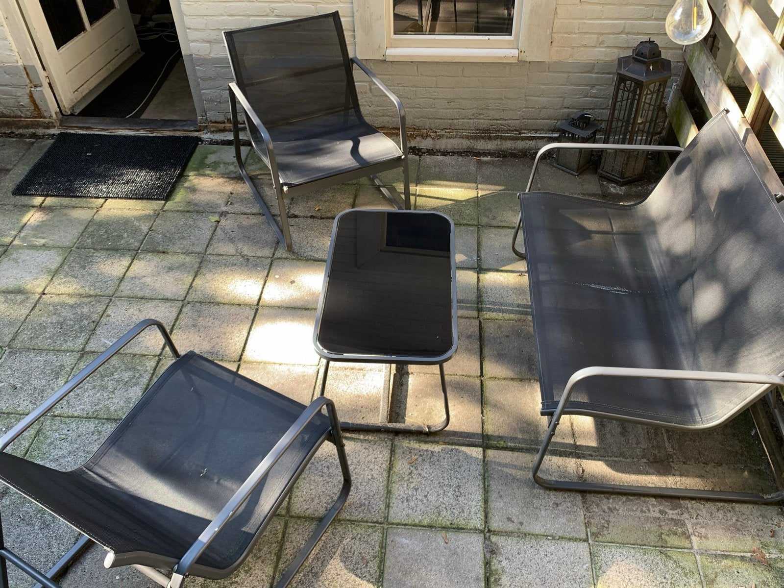 Zwarte loungeset met bank, 2 stoelen en bijzettafel, Ophalen, 4 zitplaatsen, Gebruikt, Aluminium