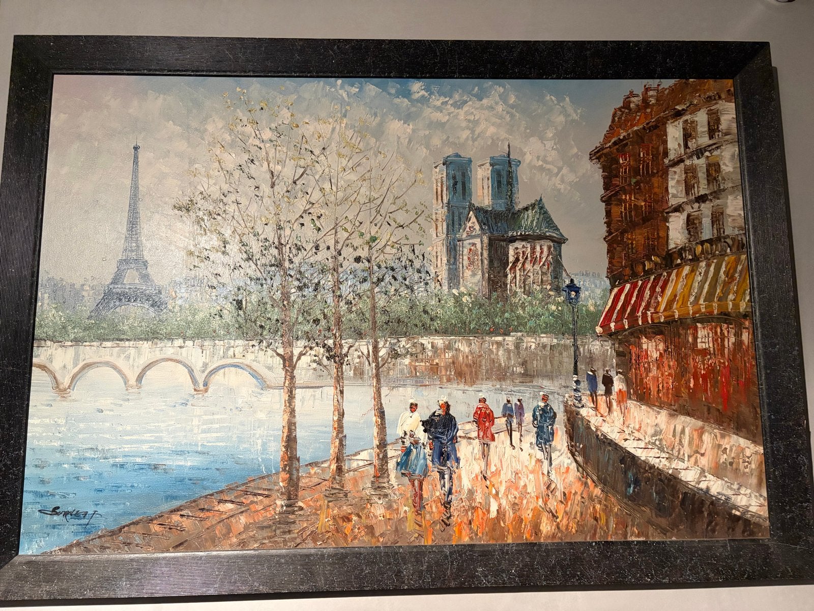 Schilderij Parijs: Eiffeltoren, Notre Dame, Seine, Antiek en Kunst, Ophalen, Doek, Realistisch, Gesigneerd
