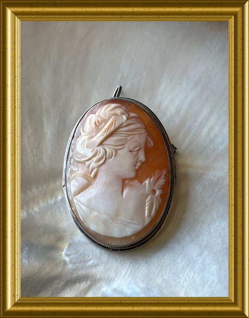 Oude zilveren broche / hanger: schelp camee, Sieraden, Tassen en Uiterlijk, Antieke sieraden, Ophalen of Verzenden, Zilver, Broche