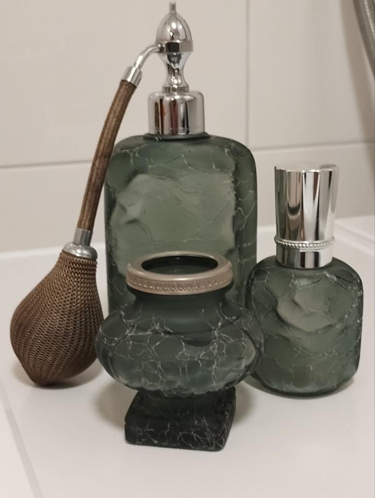 Vintage Marcel Franck Brevete SGDG glazen parfumfles set, Antiek en Kunst, Curiosa en Brocante, Ophalen of Verzenden