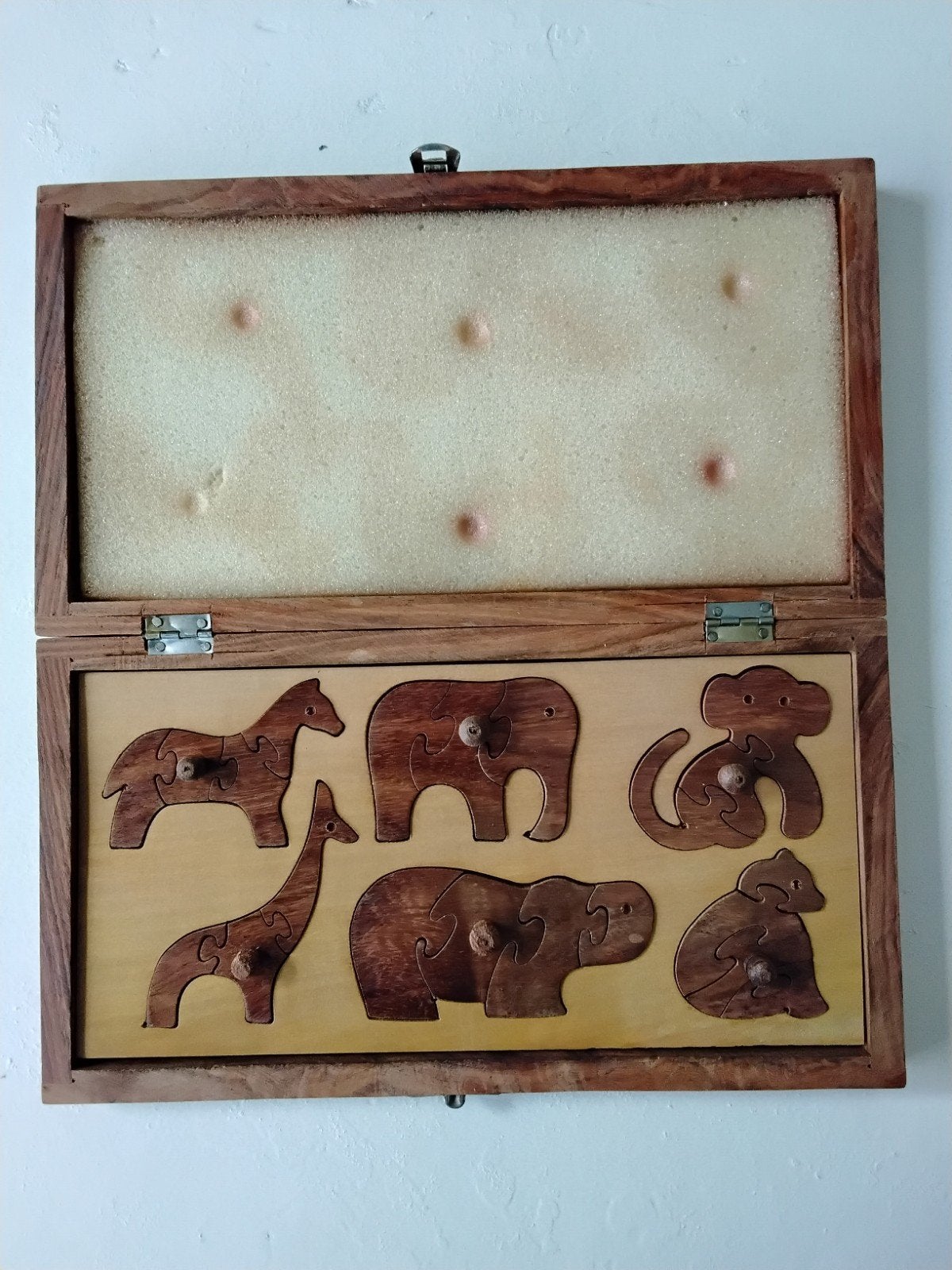 Vintage handgemaakte dierenpuzzel uit India, Ophalen of Verzenden, Gebruikt, Van hout