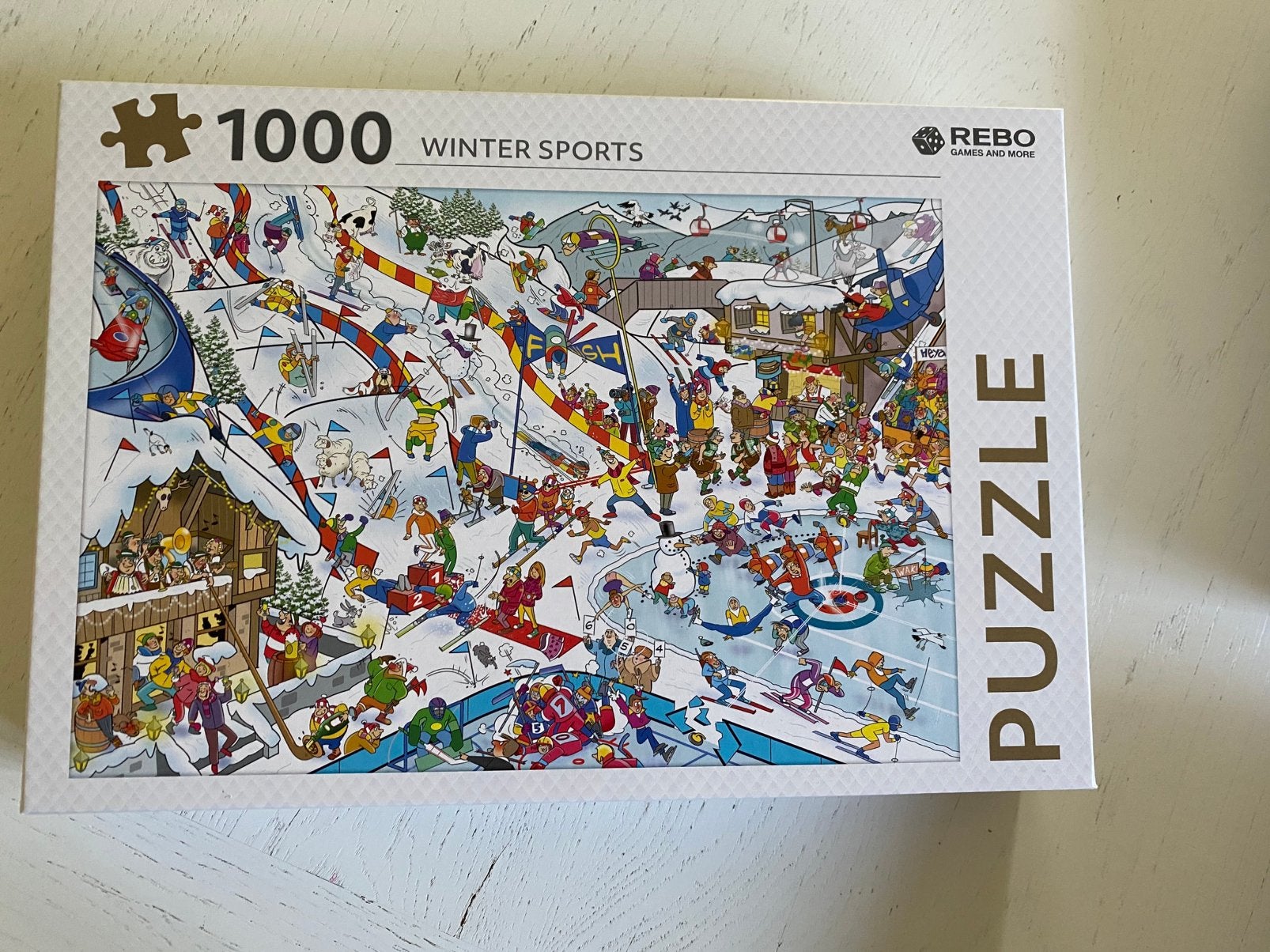 Wintersport kerst puzzel 1000 Rebo, Ophalen of Verzenden, 500 t/m 1500 stukjes, Zo goed als nieuw