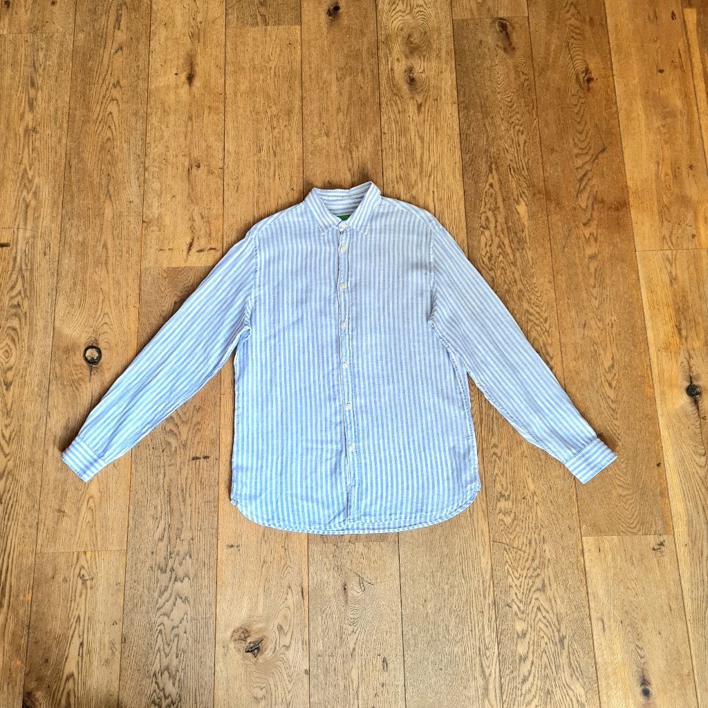 Lichtblauw-wit gestreept hemd van 100% puur linnen., Meerkleurig, United Colors of Benetton, Gedragen, Halswijdte 39/40 (M)