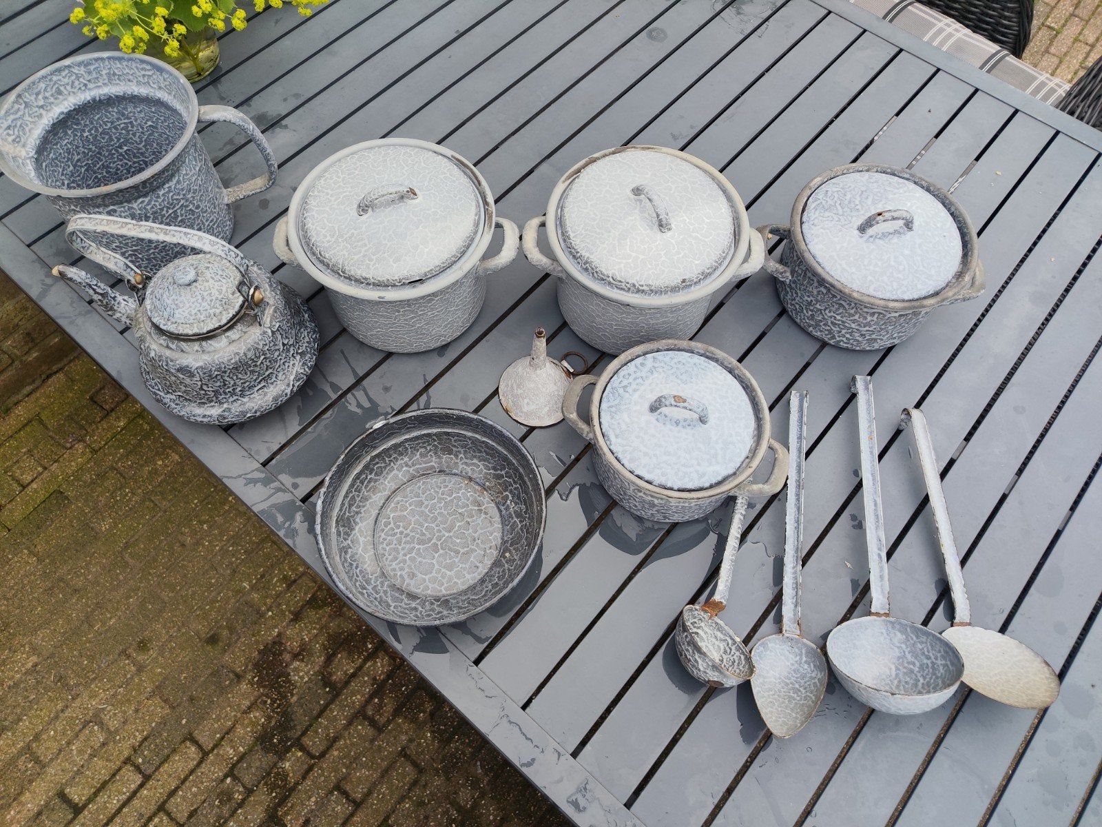 Grijs gewolkt emaille SET, Antiek en Kunst, Ophalen of Verzenden