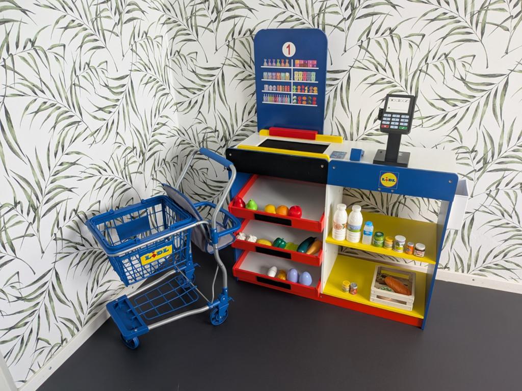Lidl houten winkel + winkelwagen + boodschappen, Ophalen, Gebruikt, Hout