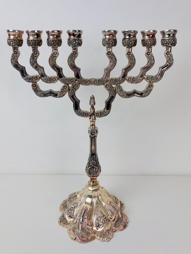 Verzilverde 8-armige Menorah Chanoeka Joodse kandelaar, Ophalen of Verzenden, Zilver