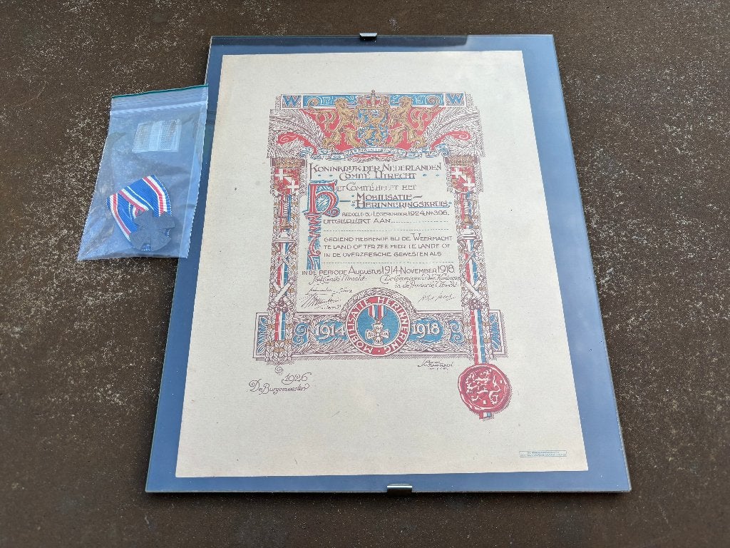 Ned. Medaille blanco Oorkonde Mobilisatiekruis 1914 - 1918, Verzamelen, Ophalen, Landmacht, Nederland, Lintje, Medaille of Wings