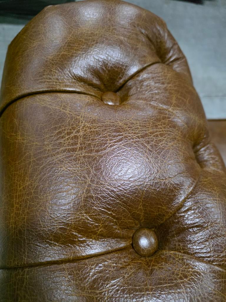Chesterfield bank showroommodel vintage bruin leer + BEZORGD, ., Vintage, Ophalen of Verzenden, Rechte bank