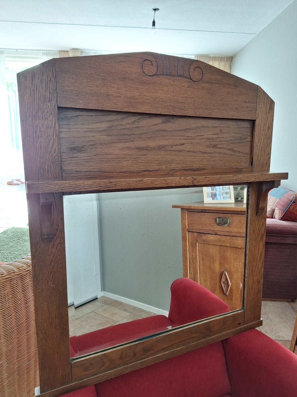 Eiken antieke spiegel met geslepen rand, Ophalen, Rechthoekig, 50 tot 100 cm, Minder dan 100 cm