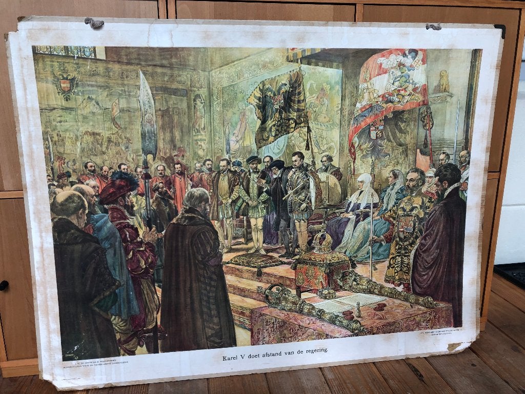 schoolplaat "Karel V doet afstand van de regering", Antiek en Kunst, Antiek | Schoolplaten, Ophalen, Geschiedenis