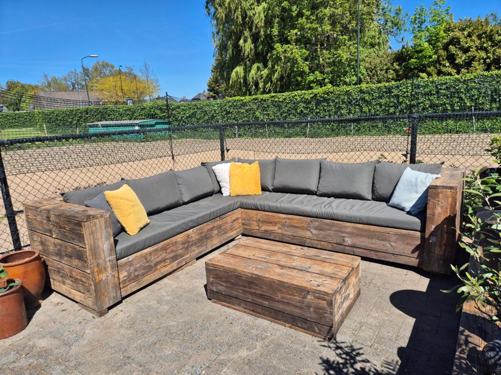 Steigerhout Hoekbank, Tafel en Lange Bank met Kussens, Ophalen, Steigerhout, Bank