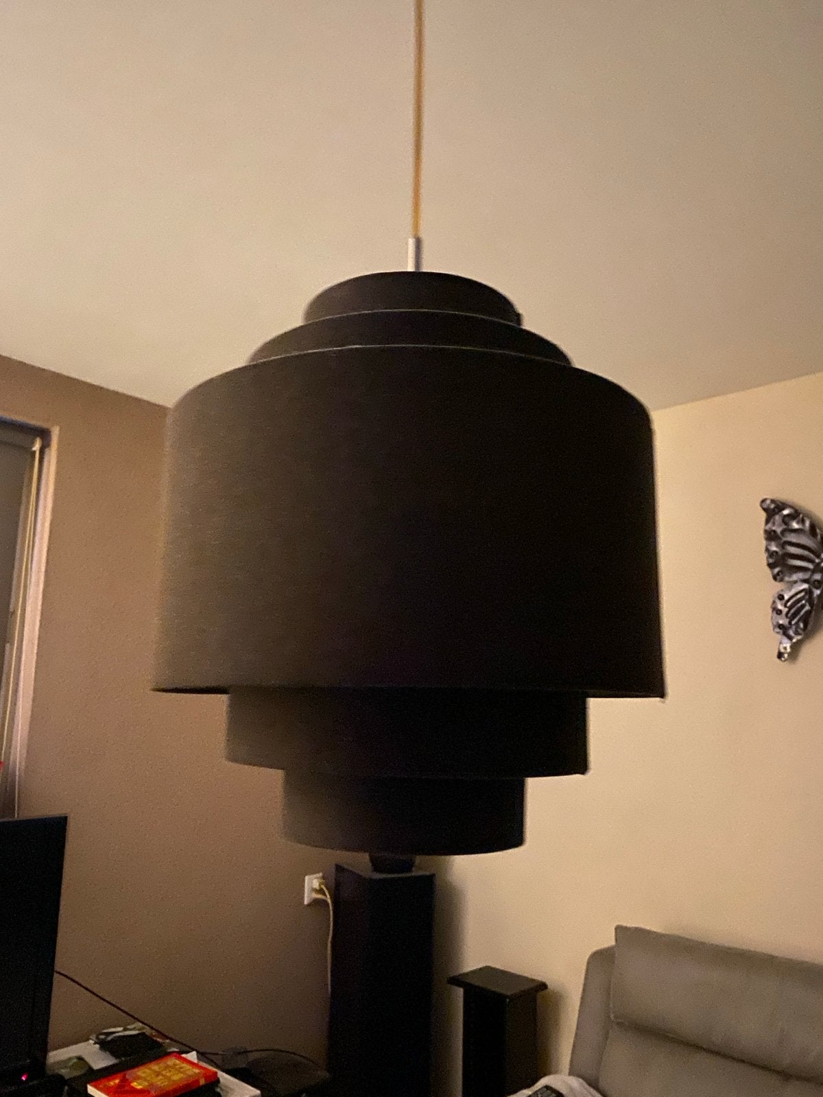 Hanglamp met RVS ophanging en stoffen kappen, Ophalen of Verzenden, Gebruikt, Metaal, 75 cm of meer