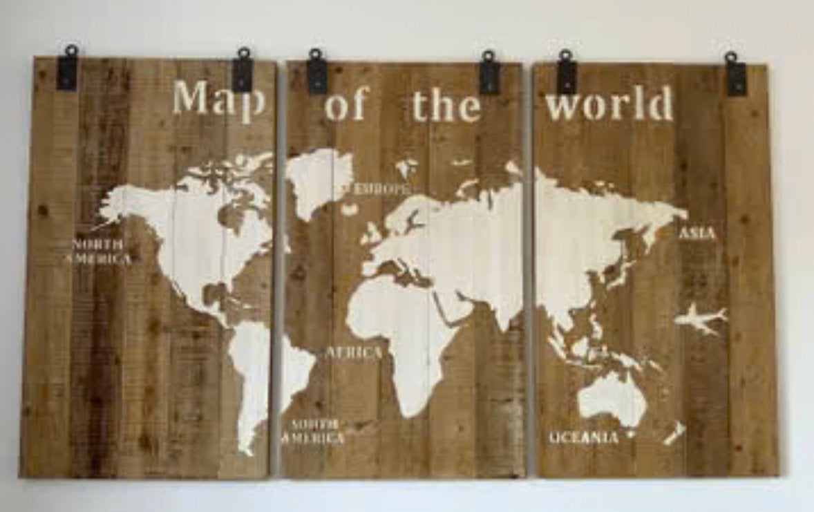 Mooie wereldkaart op 3 houten panelen 210 cm x 120 cm hoog, Ophalen