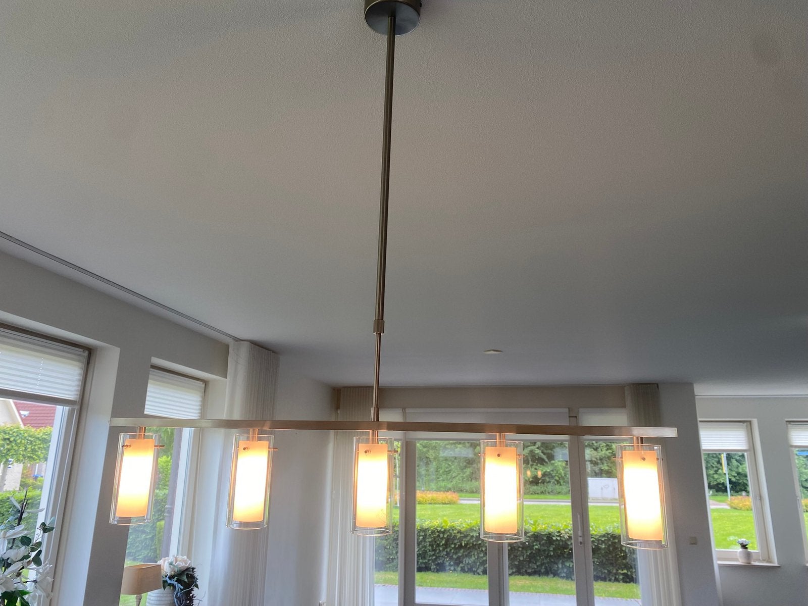 Hanglamp voor boven eettafel met 5 glazen lampen, Ophalen, Gebruikt