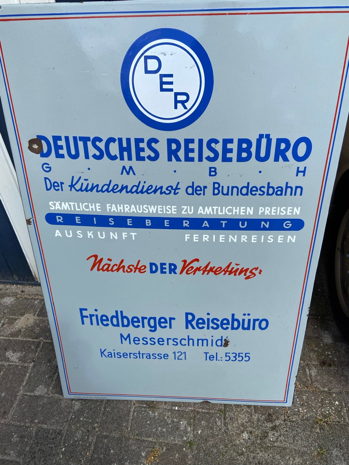 Vintage Emaille Bord - Deutsches Reisebüro (80x120cm), Ophalen