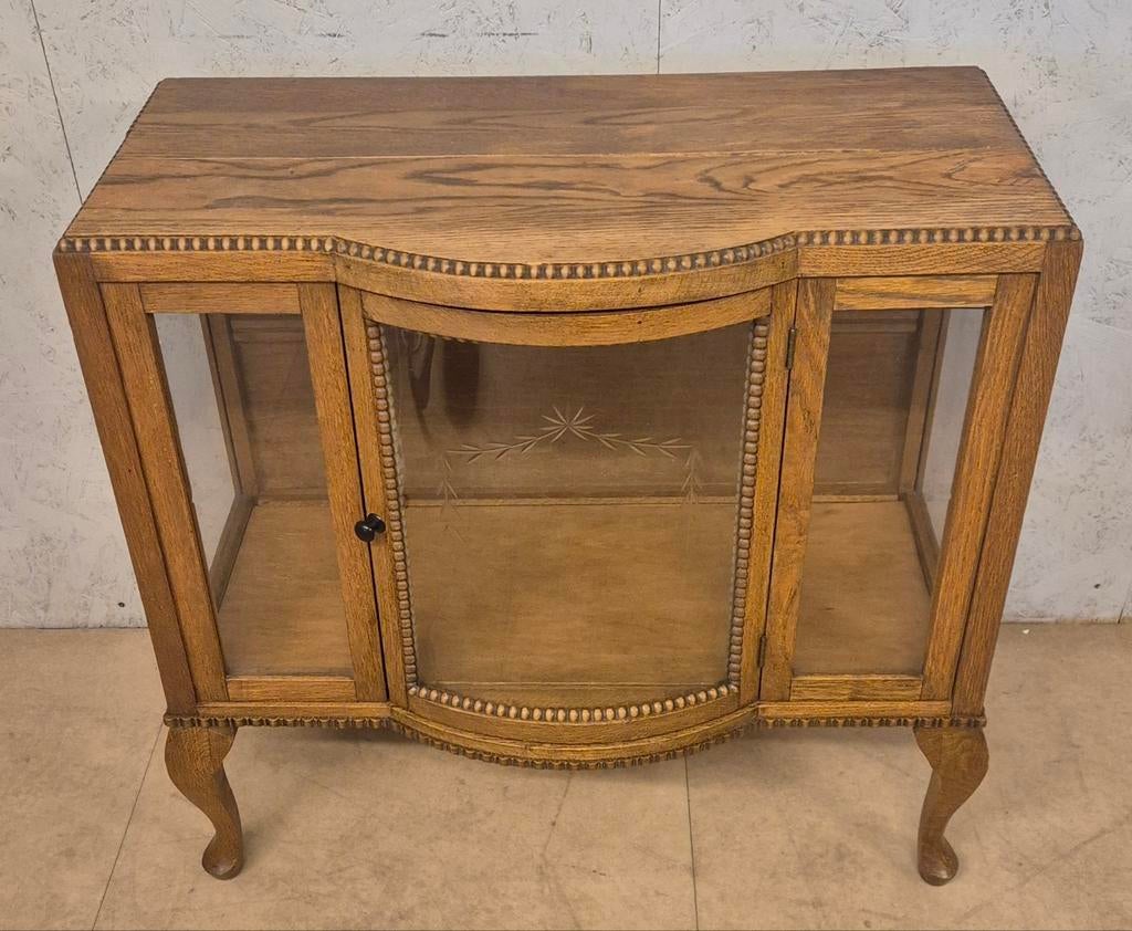 Antiek eiken vitrinekastje / theekastje met gebogen glas, Ophalen, Glas, Gebruikt, 50 tot 100 cm