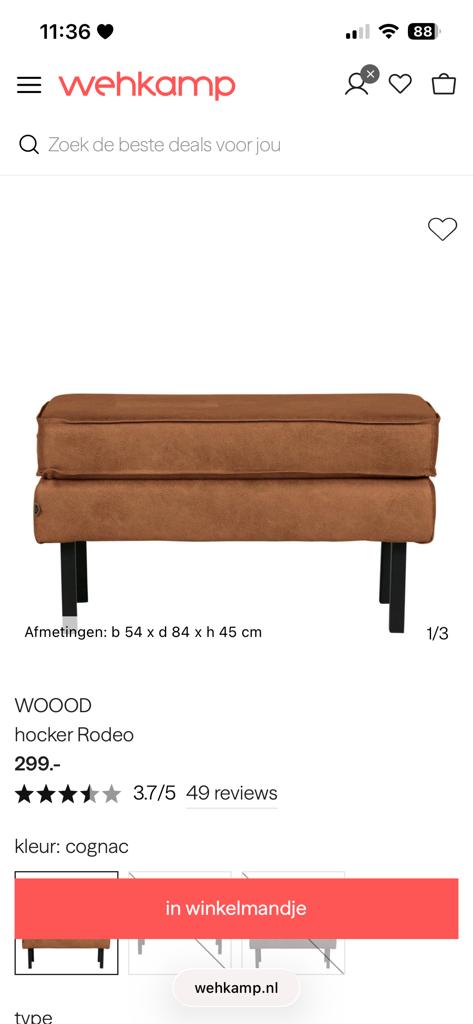 WOOOD Hocker Rodeo Cognac - Gebruikt, Huis en Inrichting, Banken | Voetenbanken en Poefen, Gebruikt, 50 tot 75 cm, 75 tot 100 cm