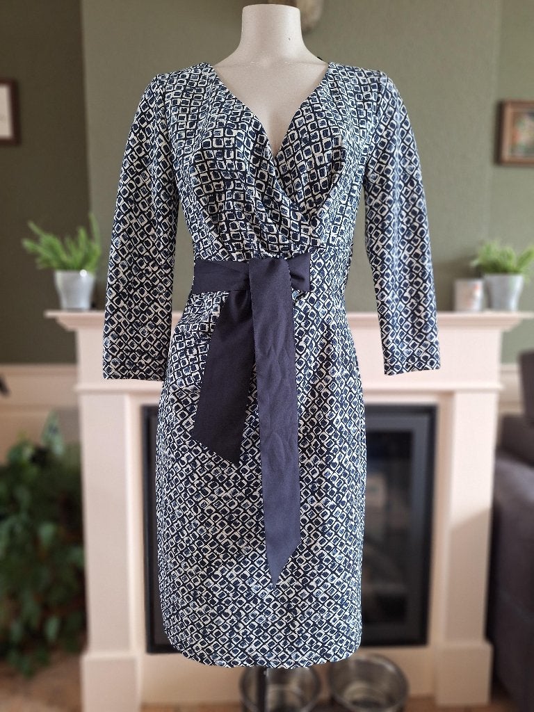 Barbara Schwarzer jurk blauw crème M 40, Maat 38/40 (M), Barbara Schwarzer, Zo goed als nieuw, Knielengte