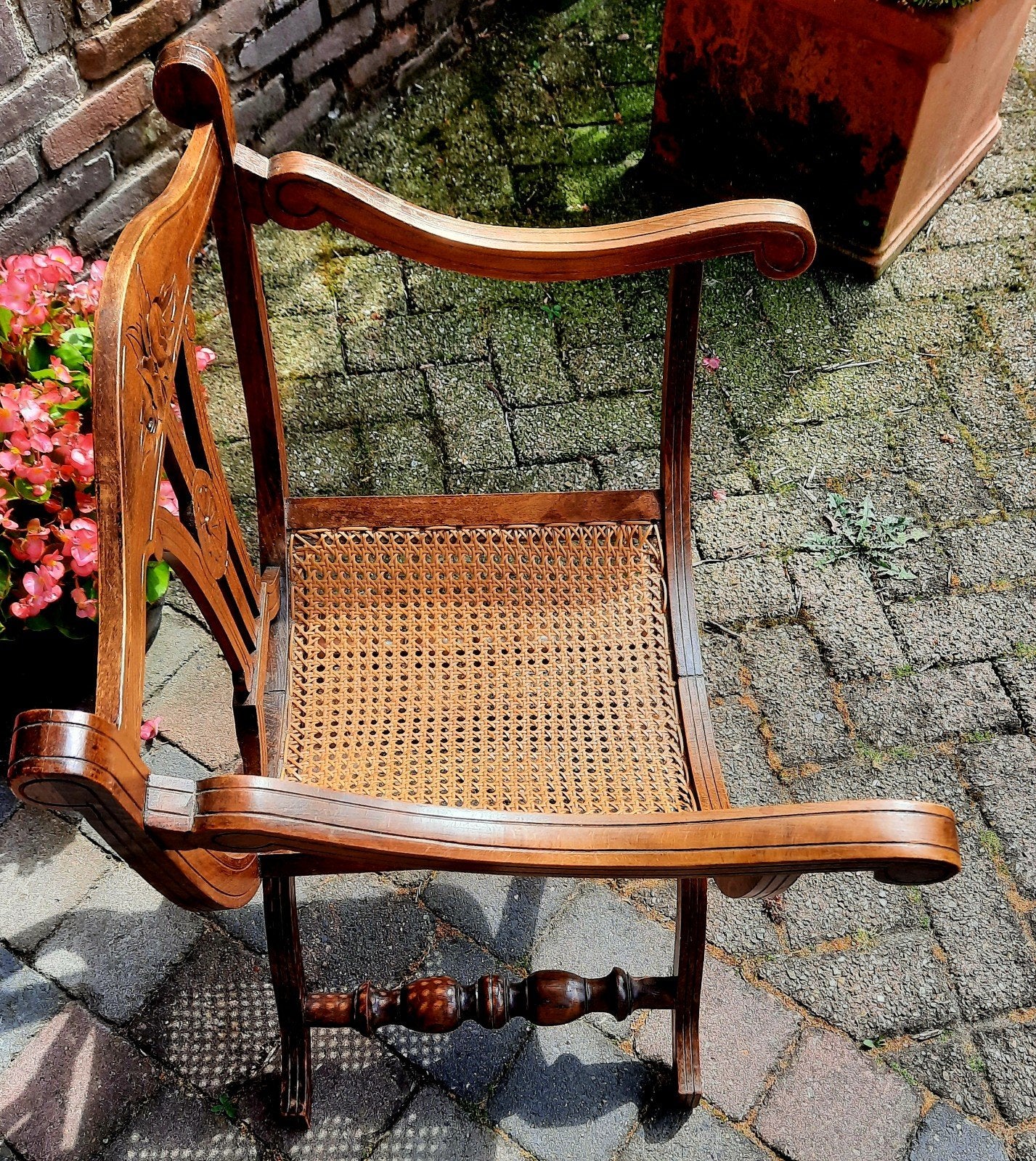 Antieke Savinarola stoel met rieten zitting, Ophalen of Verzenden