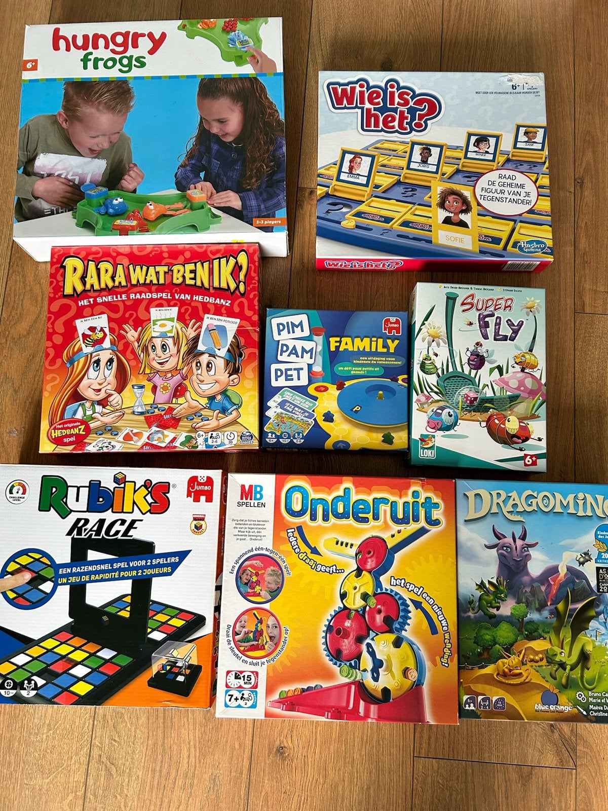 Diverse bordspellen: Hungry Frogs, Wie is het?, Rubik's Race, Een of twee spelers, Ophalen, Gebruikt