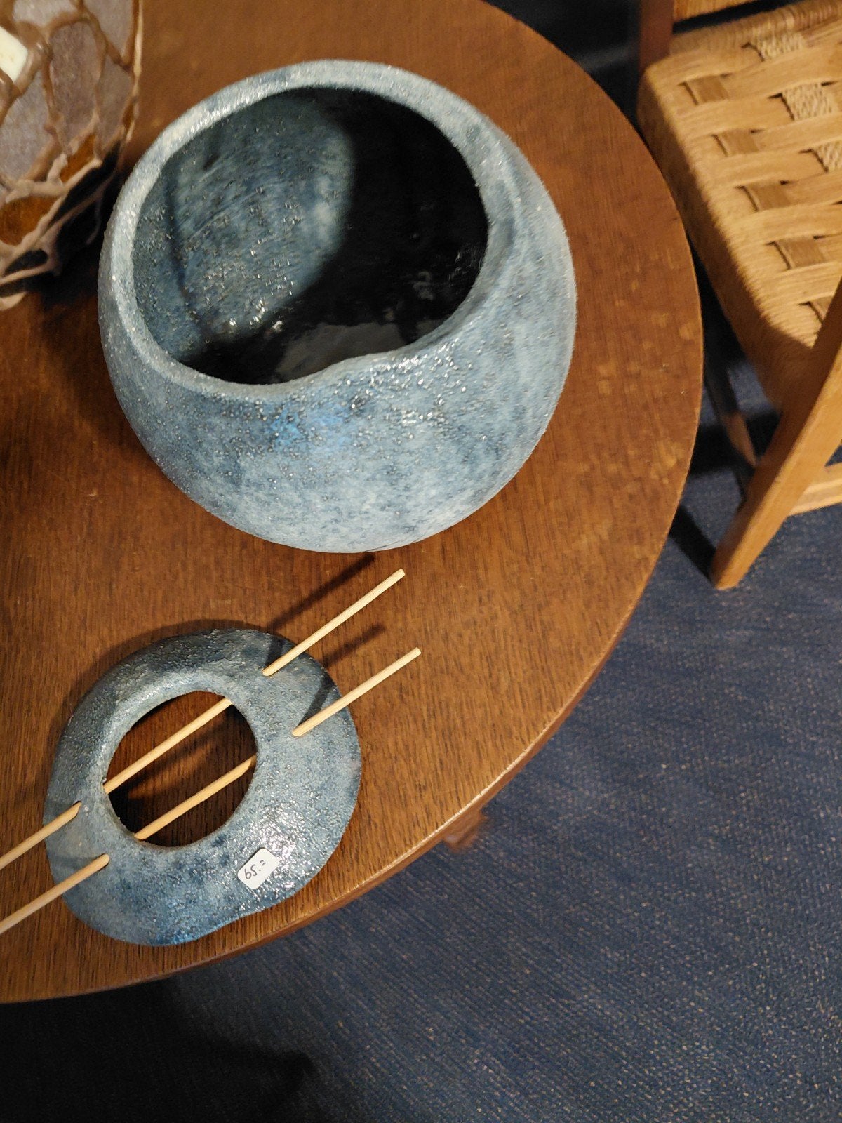 Keramische pot met deksel en stokjes - Blauw/Grijs, Ophalen of Verzenden