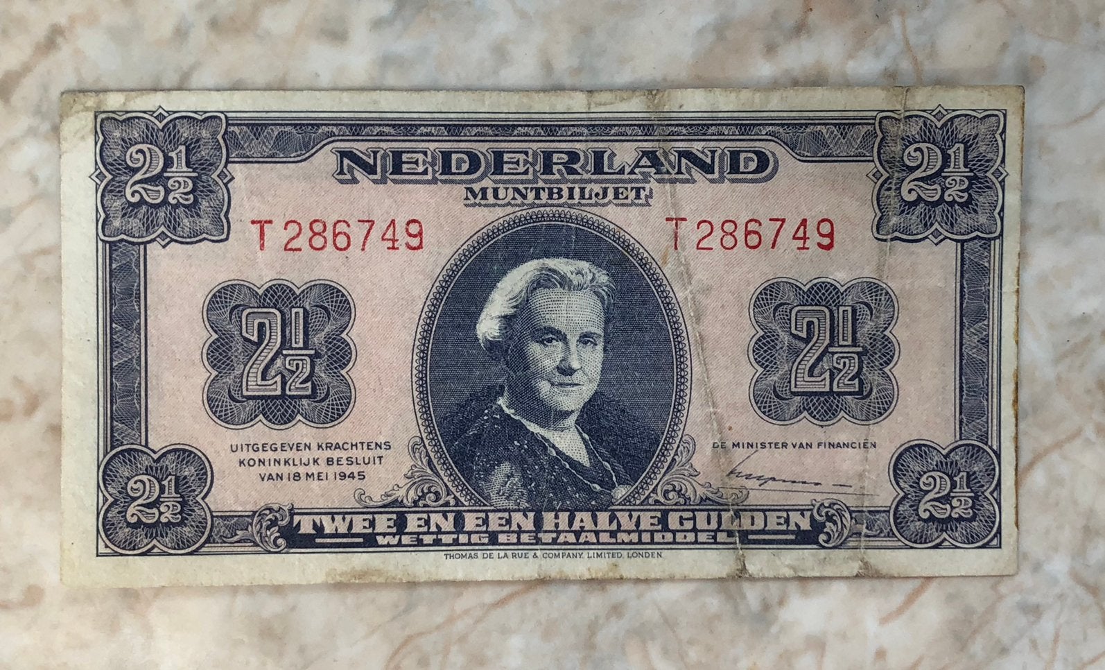 2 1/2 gulden 1945, T 286749., Postzegels en Munten, Bankbiljetten | Nederland, Verzenden, 2½ gulden, Los biljet