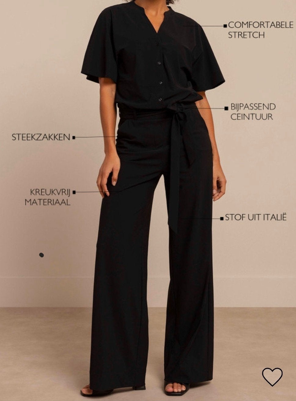 Zwarte jumpsuit met ceintuur - Comfortabel & Kreukvrij, Maat 38/40 (M), Studio Anneloes, Zwart, Ophalen of Verzenden