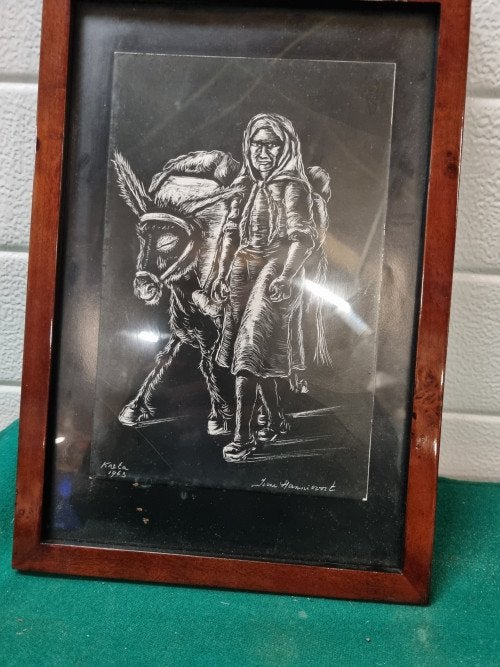 Schilderij tekening vrouw met ezel kreta 1962, Ophalen of Verzenden, 'T Olde Gre-j, Info@toldegrej.nl, Endepoelstraat 20f Didam