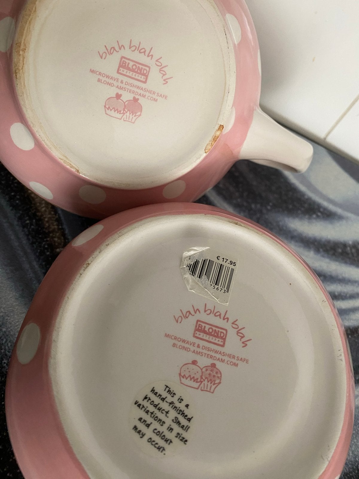 Blond Amsterdam theepot met theelichtje roze stippen, Ophalen of Verzenden, Zo goed als nieuw, Roze, Steen/keramiek