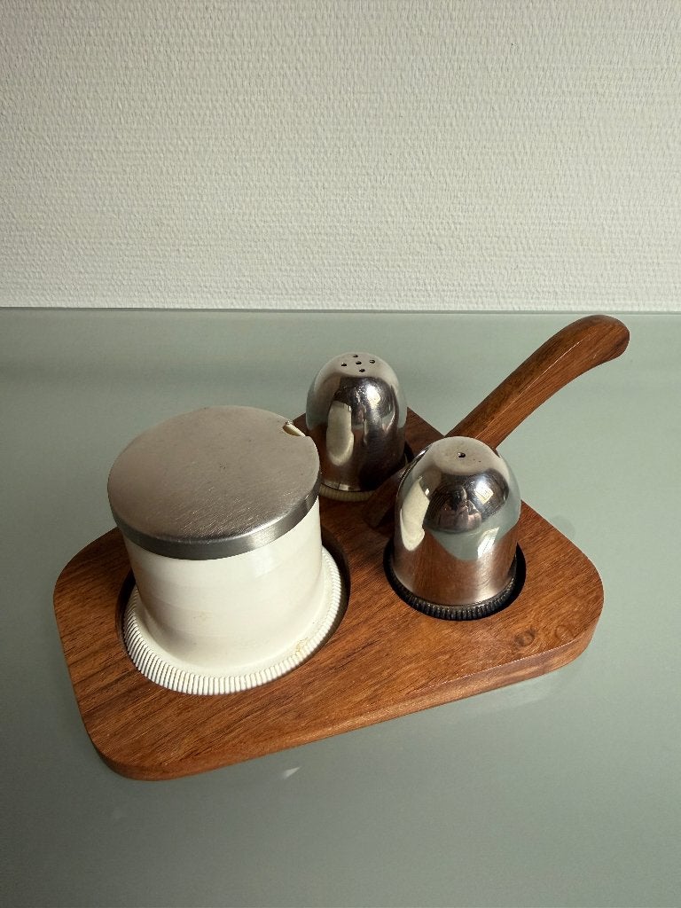Vintage Scandinavische zout peper en mosterd set teak en RVS, Gebruikt, Overige merken, Overige typen, Vintage