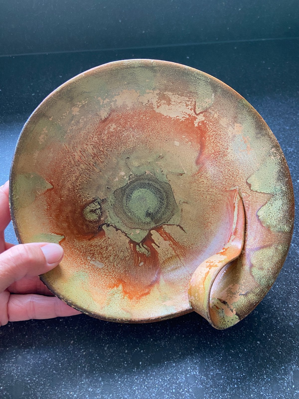 Mooie jaren 50 schaal mat oranje groen decor Euterpe Gouda, Ophalen of Verzenden