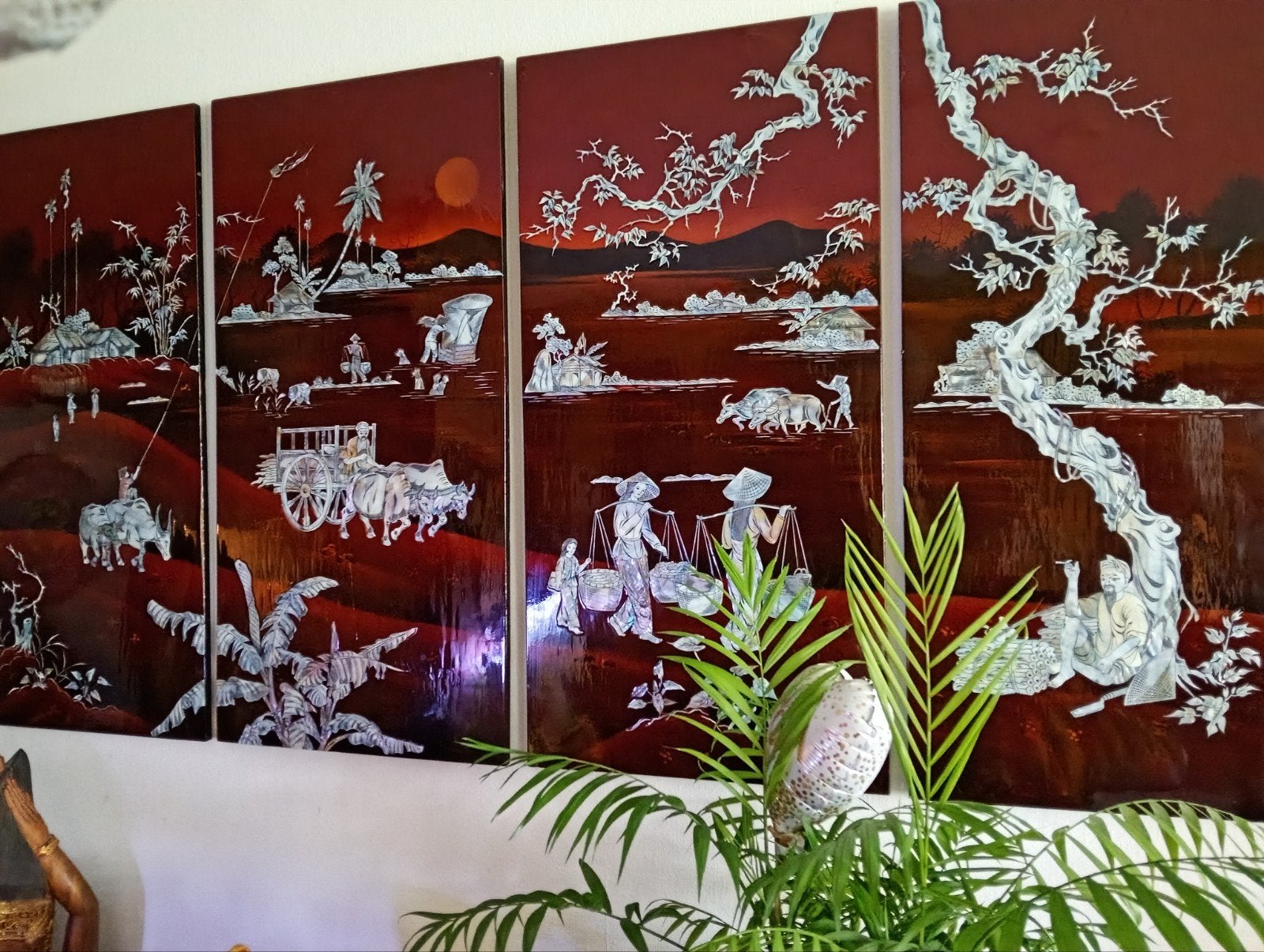 Vietnamees Parelmoer Inlegwerk Wanddecoratie - 4 Panelen, Ophalen