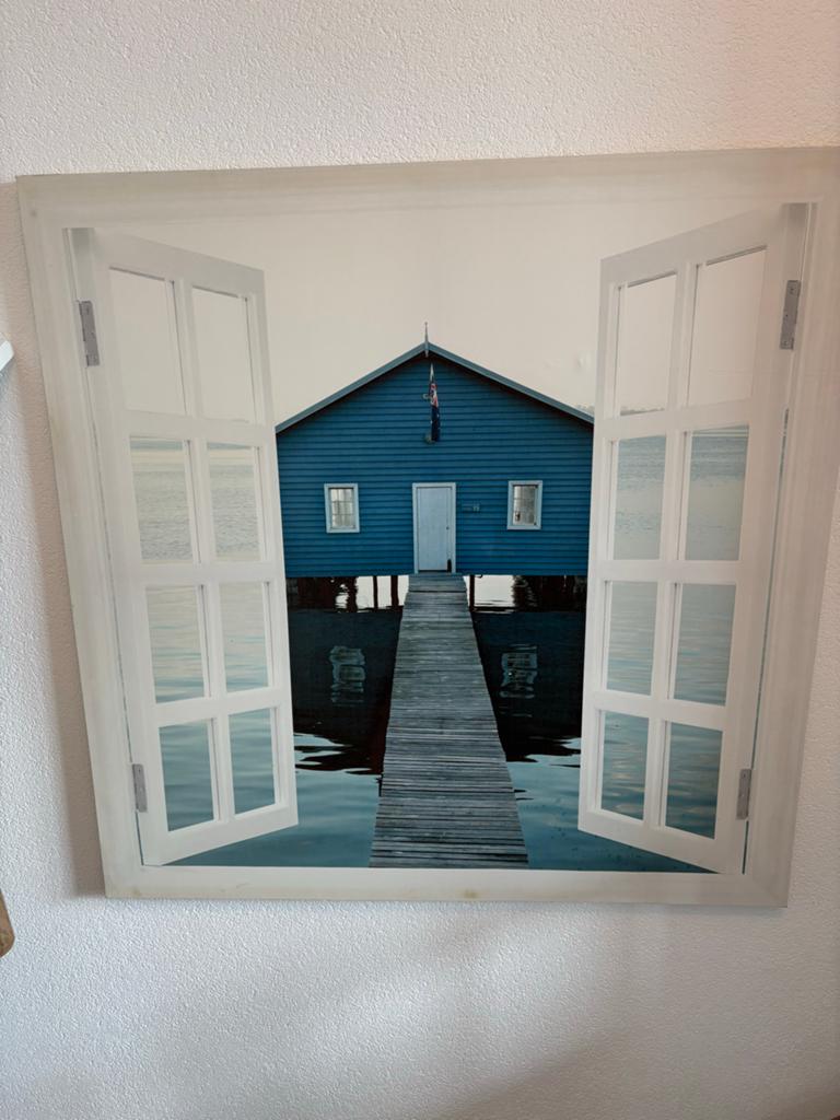 Schilderij met huis en steiger, Ophalen, Gebruikt, 50 tot 75 cm, Schilderij
