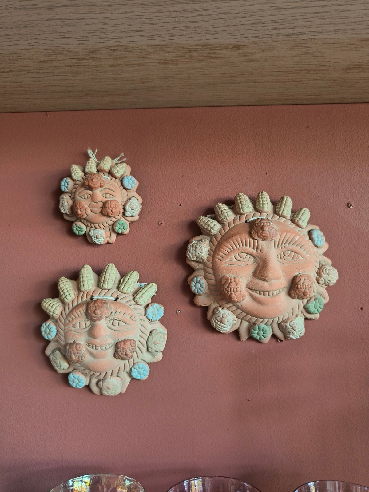Set van 3 terracotta zon wanddecoraties - Handgemaakt, Gebruikt, Boho, Meerkleurig, Decoratieobject