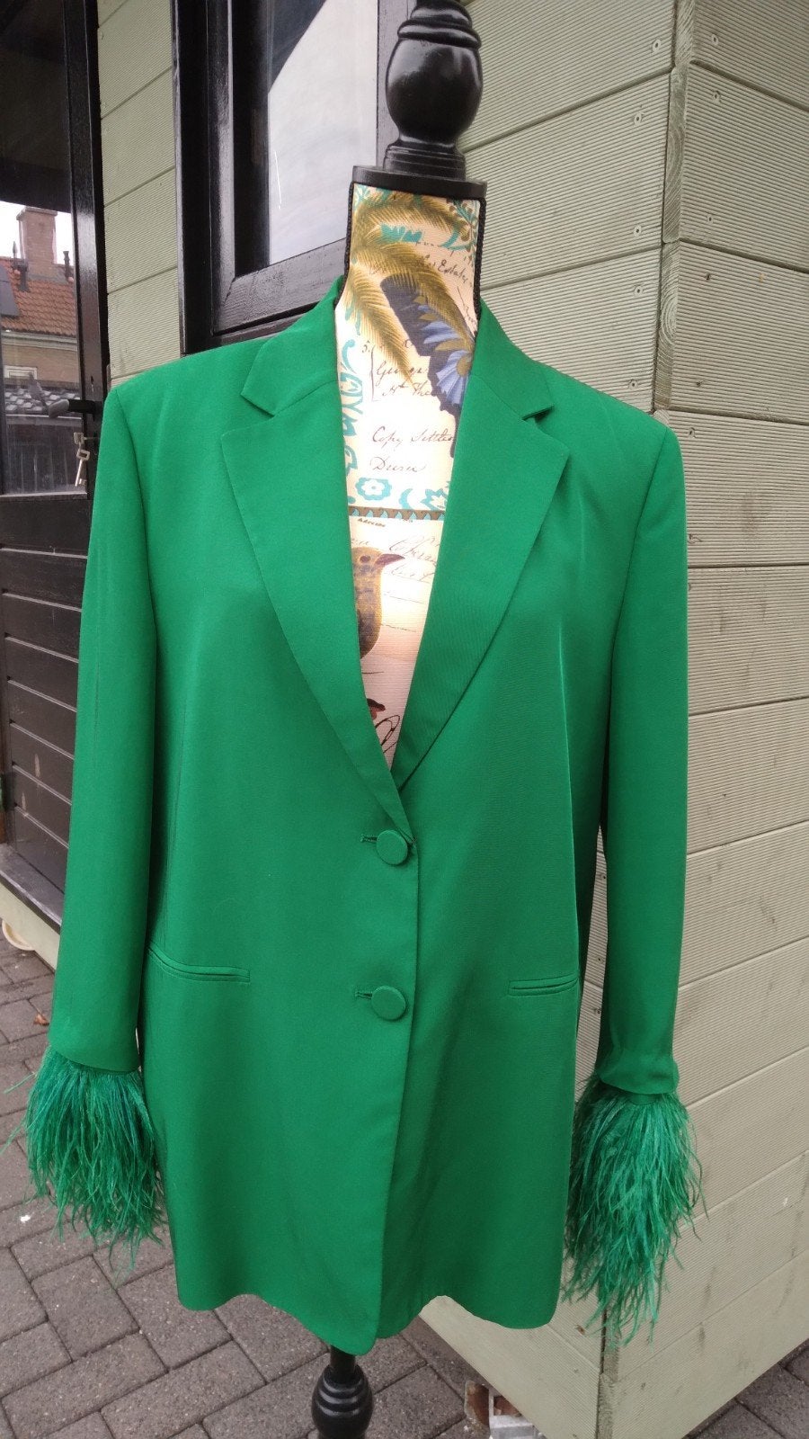 Zara blazer groen met veren cuffs M, Maat 38/40 (M), Verzenden, Zara, Nieuw